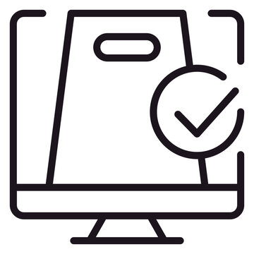 Online shopping order confirmation vector icon illustration featuring a computer monitor with a shopping bag and a checkmark symbol, representing successful digital purchase and retail transaction.