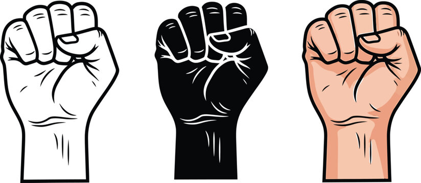 Fist icon set diverse hand gestures in black white and skin tone variations