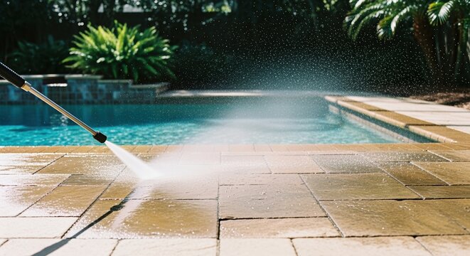 cleaning patio surface with pressure washer near a serene swimming pool in a backyard