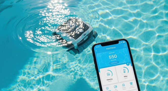 smartphone app monitoring automatic pool cleaner in clear blue swimming pool water