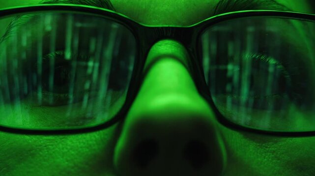 AI code on eyeglass glass, reflection on woman developer eyeglasses, working in dark office, tired busy people, depression on work, haker or it engineer with laptop, stocks markets. 