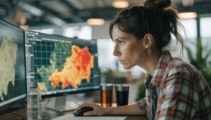 Fototapeta premium Medium closeup capturing a specialist studying vineyard health using satellite data and loss maps with a softly blurred office environment showcasing precision in agricultural risk