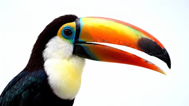 Stunning Toco Toucan Close-up with vibrant orange beak and detailed feathers against a white background ideal for nature documentaries and educational content.