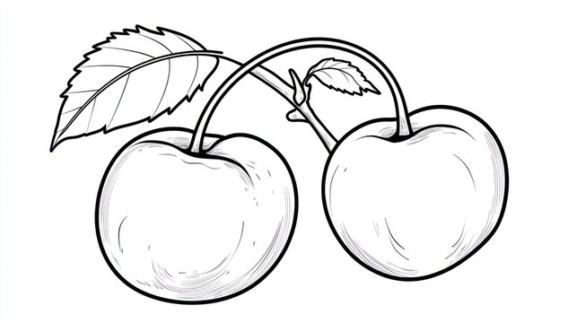 Two cherries with leaves, drawing, white background, food illustration (1)