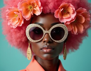 Obraz premium Woman with pink afro hair, coral flowers, and gem adorned sunglasses. She wears large gold earrings and a coral shirt. Her look is bold and fashionable.