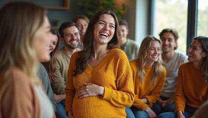 Obraz premium Pregnant woman laughs with happy friends gathered indoors. Expecting mother shares joy with supportive group. People celebrate new life, showing connection, warmth, and affection.