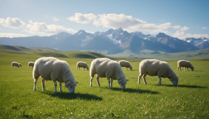 Fototapeta premium Sheep grazing in a lush green meadow with majestic snow-capped mountains in the background under