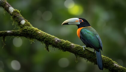 Obraz premium Toucan perched on a mossy branch in a lush rainforest with rainforest wildlife tropical avifauna