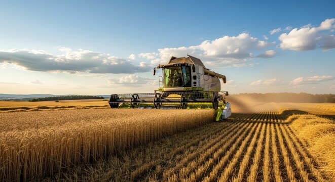 Golden Wheat Field Harvested By Combine Harvester Under A Blue Summer Sky With Fluffy Clouds