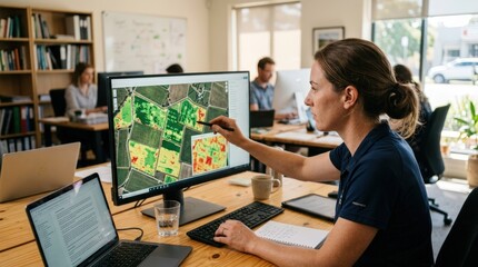 Fototapeta premium Medium closeup capturing a specialist studying vineyard health using satellite data and loss maps with a softly blurred office environment showcasing precision in agricultural risk
