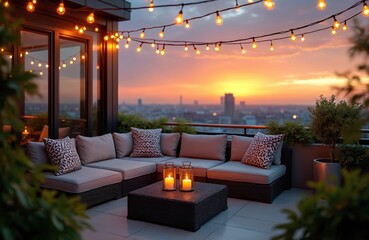 Obraz premium Rooftop lounge area with comfortable seating and string lights overlooks city skyline at sunset. Candles glow on coffee table creating warm inviting vibe. Perfect for relaxation.
