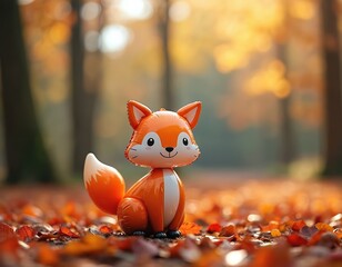 Fototapeta premium Orange fox balloon rests on forest floor among fallen autumn leaves. Soft sunlight filters through trees creating a warm, magical atmosphere. Perfect for kids themes nature and fall.