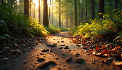 Fototapeta premium Forest path with pebbles and leaves. Sunlight shines through trees creating shadows on the dirt ground. Plants grow beside the trail. Outdoor nature walk scene.