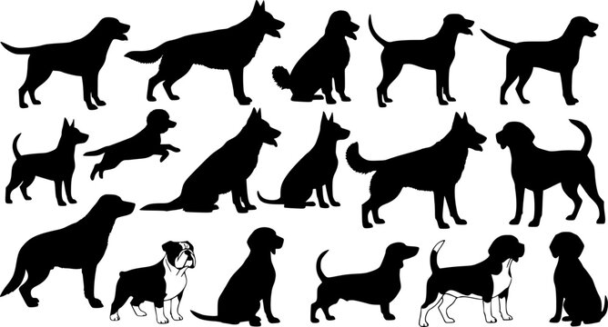 Collection of standing, sitting, and running dog silhouettes, various action poses