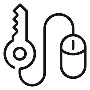 Minimalist black vector icon illustration of a key and computer mouse connected by a single line, representing digital security, online access, keyword research, and internet safety concepts.