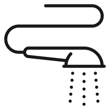 Minimalist black vector icon illustration of a shower head with flowing water droplets and a flexible hose, perfect for bathroom design, hygiene concepts, plumbing services, and home improvement.