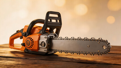 Fototapeta premium Orange and black chainsaw on wooden surface