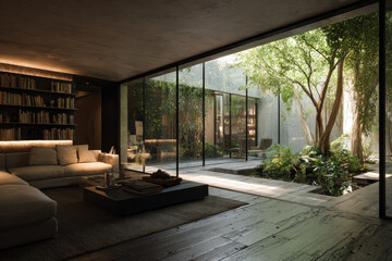 Fototapeta premium Softly lit modern living room opens to a serene, green courtyard 