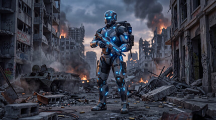 Obraz premium Futuristic soldier standing in war torn city ruins with weapon