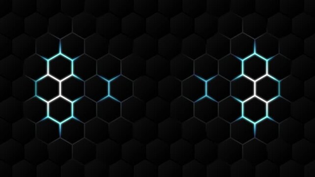Futuristic hexagonal side panels with cyan neon pulsing light. Abstract tech background with central copy space. High-tech geometric motion graphic for gaming, servers, and digital interfaces.