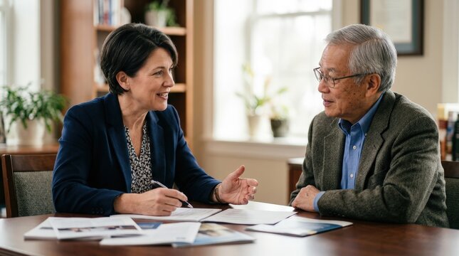 Medium shot of a financial advisor discussing charitable remainder trust options with a donor documents on table blurred in background emphasizing focused interaction.