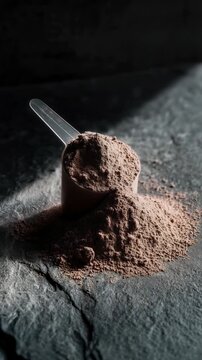 Protein powder scoop on textured dark surface, highlighting premium whey mass gainer for fitness, muscle building, and modern nutrition-focused lifestyles