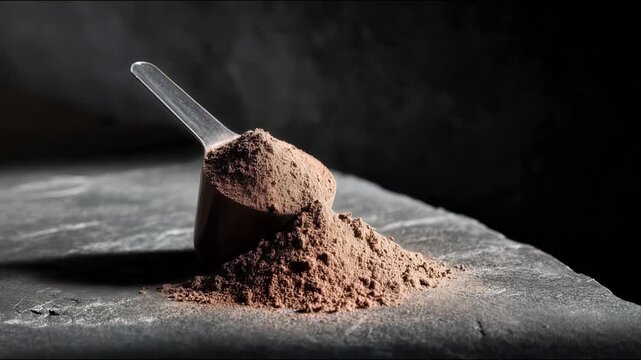 Chocolate whey mass gainer protein supplement powder in a scoop on a dark background, ideal for gym, fitness, and muscle-building nutrition concepts