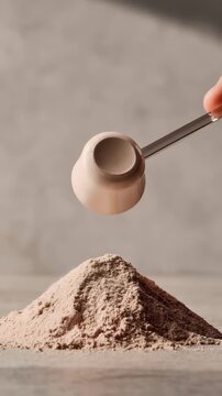 Whey mass gainer protein supplement powder with scoop on a clean background, ideal for gym, fitness, and muscle-building nutrition branding