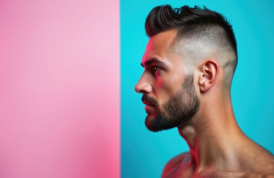 Man with stylish undercut hairstyle and beard. Studio portrait with pink and blue background. Looking aside with confident expression. Trendy male grooming.
