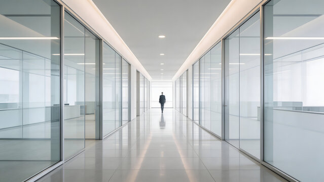 Person walking down long office corridor
