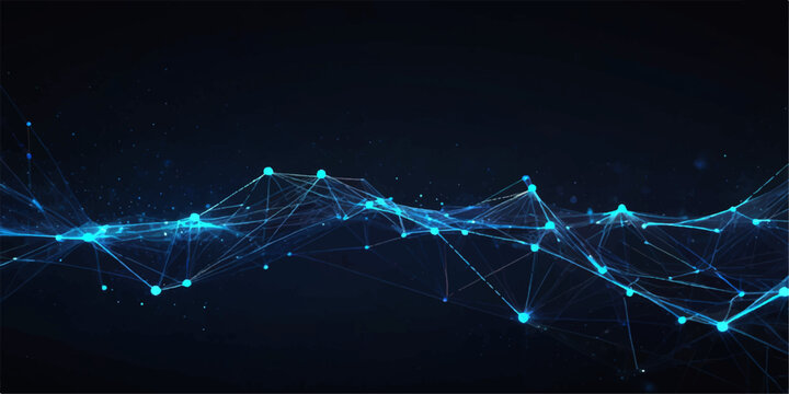 Futuristic abstract blue background displaying glowing wavy lines particles connected dots and right pointing arrow for digital cyberspace network communication technology