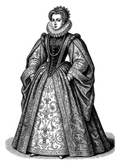 Obraz premium Renaissance queen in ornate dress ruff collar vintage engraving