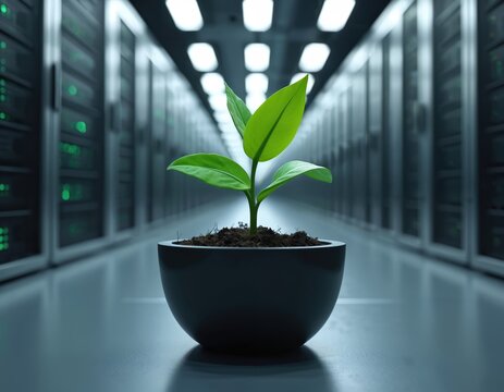 Young plant grows in pot inside modern data center with server racks. Green technology concept for sustainable IT infrastructure and eco friendly computing solutions.