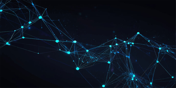 Cyberspace digital data transfer network concept showing abstract blue background with glowing wavy lines connected dots particles and a futuristic right pointing arrow