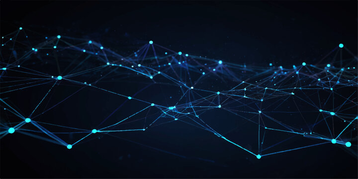 Technology and communication concept abstract blue background with digital cyberspace particles glowing wavy lines connected dots and an arrow pointing to the right margin
