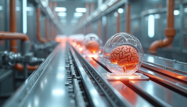 Futuristic factory line transports human brains in glass domes. Automation and AI concept shown on conveyor belt. Sci tech production with robotic machinery and advanced engineering.