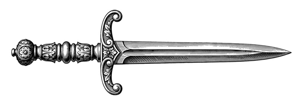 Antique dagger short sword with ornate floral hilt engraving