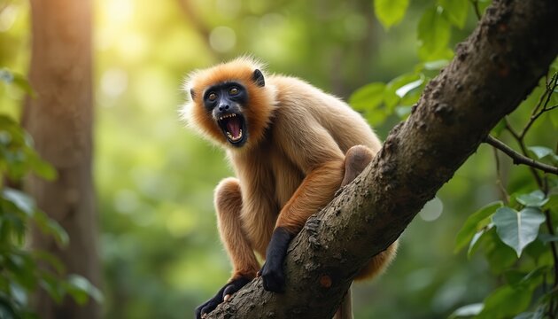 Golden langur monkey sits on tree branch in jungle forest. Ape opens mouth wide in loud yawn. Monkey yawns while sitting on tree in wild tropical forest.