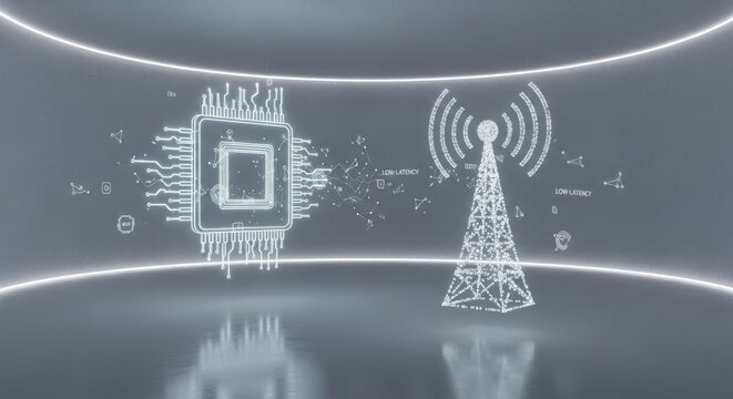 Futuristic Distributed Computing Concept: Holographic Microchip and Signal Tower Projections in Minimalist Gray Architectural Space &ndash; Edge Network and Intelligent Technology Concept