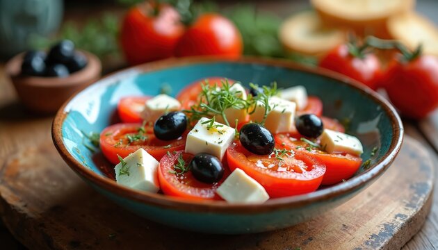 Greek salad dakos served on traditional blue plate with rusks, fresh tomatoes, feta cheese and black olives. Culinary dish seasoned with herbs and olive oil, perfect for light meal.