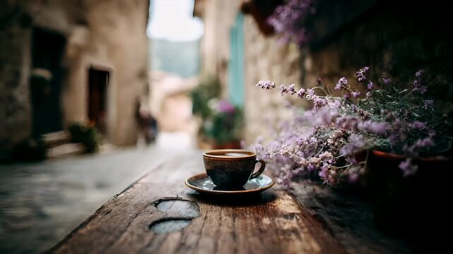 Spring Summer outdoor leisure relaxation activity. A moody, atmospheric photograph captures a serene outdoor scene. A cup of coffee sits on a rustic wooden table, accompanied by a saucer.