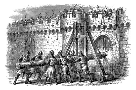 Medieval siege with battering ram attacking castle gate engraving