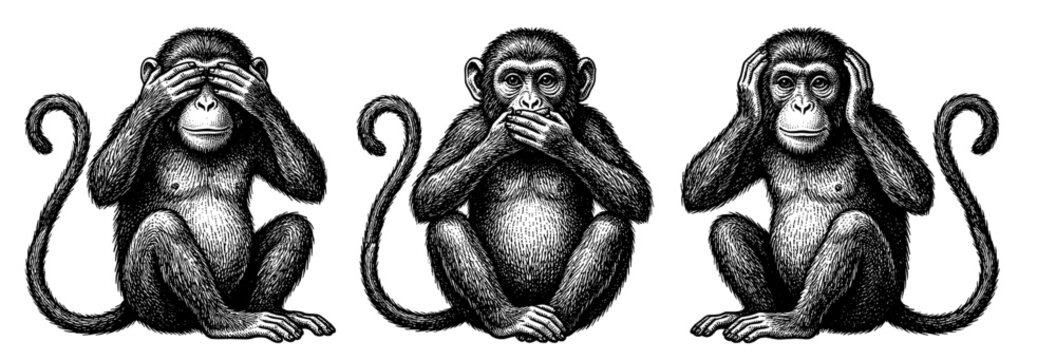 Three wise monkey chimpanzee see hear speak no evil vintage engraving