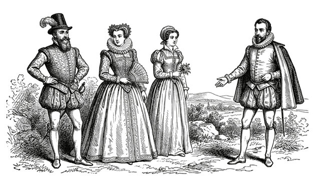 Renaissance people in historical costume and ruff collar engraving