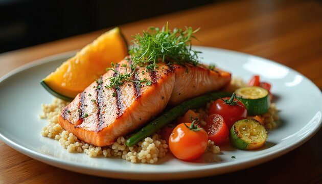 Juicy grilled salmon fillet rests on couscous beside fresh cherry tomatoes zucchini slices and orange wedge garnished with microgreens. This healthy meal offers lean protein and vibrant flavors.