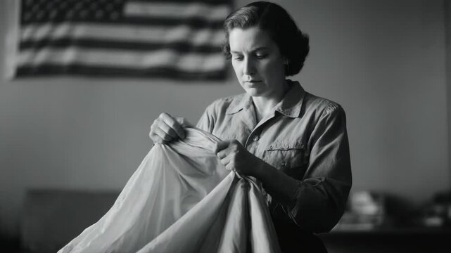 Woman worker inspecting parachute fabric in a workshop. World War II home front labor. Vintage black and white footage of female factory worker