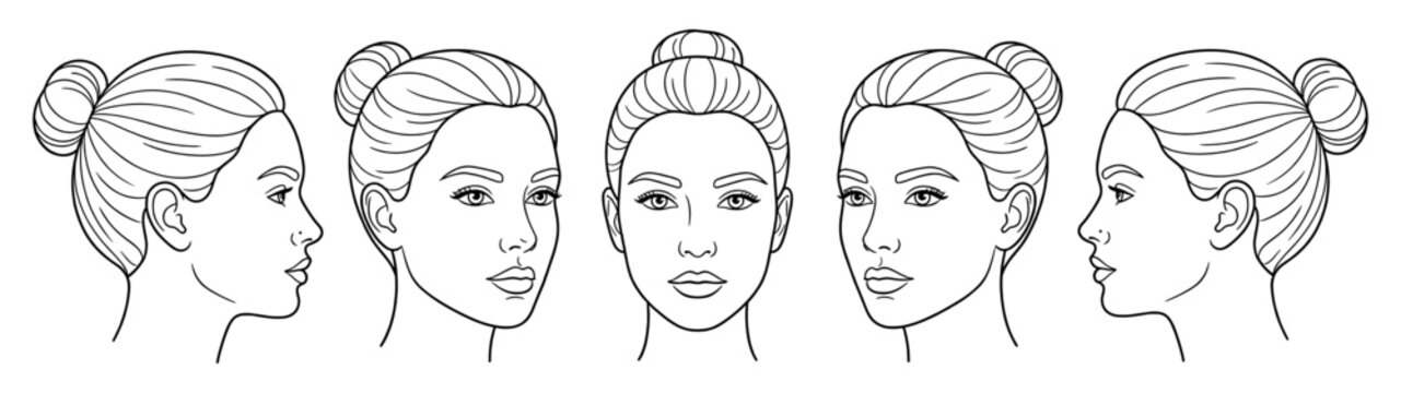Woman face portrait set with different angles and views line art