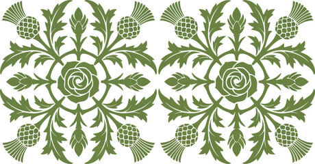 Green thistle and rose floral ornament vintage pattern design element for textile and wallpaper isolated on white background © Ahmad