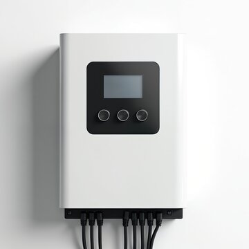 Modern hybrid inverter device with digital interface for energy management. Control system for solar power and battery storage. Clean energy tech for home use.
