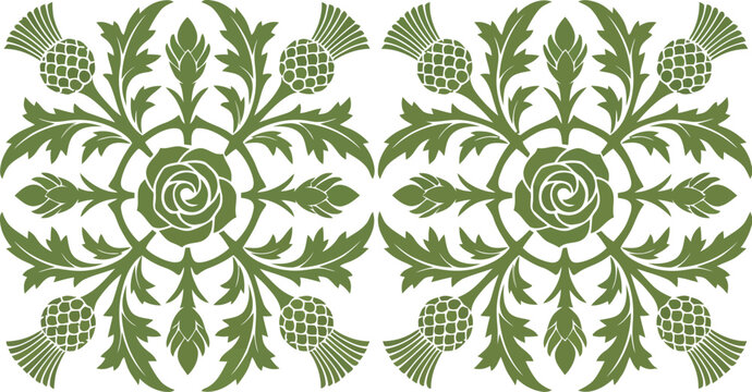 Green thistle and rose floral ornament vintage pattern design element for textile and wallpaper isolated on white background
